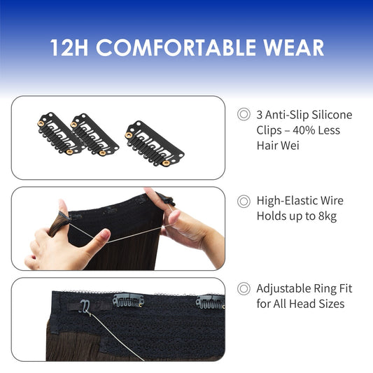 Halo Hair Extensions Real Human Hair Remy Invisible Wire Hair Extensions for Women Black Seamless Natural Look Thick 100g Premium Luxury Extensions for Everyday & Special Occasions