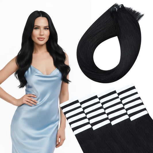 Tape in Hair Extensions Human Hair Black Tape in Extensions Real Human Hair Seamless Invisible Tape Straight Thick Natural Human Hair Extensions 72g 24pcs Jet Black Premium Luxury Quality