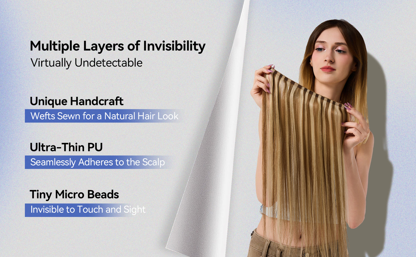 Butterfly Weft Hair Extensions Human Hair 18 inch 100g #60/9A Blonde Ombre Invisible Hair Extensions Human Hair Premium Luxury Quality Luxury Extensions for Parties & Special Occasions