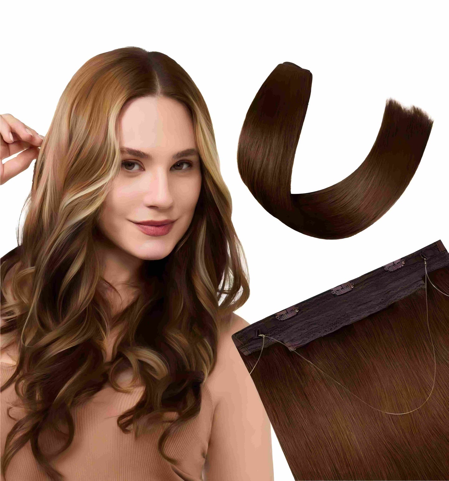 Halo Hair Extensions 100% Human Hair Double Brushed Extensions for Women Party-Ready All-Day Comfort 120g #2 Dark Brown Seamless Natural Thick Hair Extensions