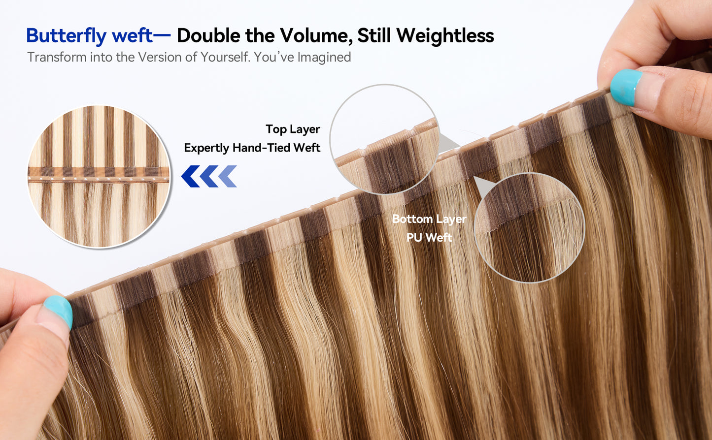 Butterfly Weft Hair Extensions Human Hair 18 inch 100g #60/9A Blonde Ombre Invisible Hair Extensions Human Hair Premium Luxury Quality Luxury Extensions for Parties & Special Occasions