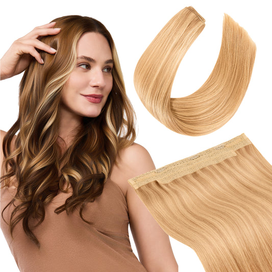 Halo Hair Extensions Human Hair 100% Real Remy Invisible Wire Hair Extensions for Women Seamless Wedding Extensions 100g #18/613 Platinum Beige Blonde with Soft Golden Balayage