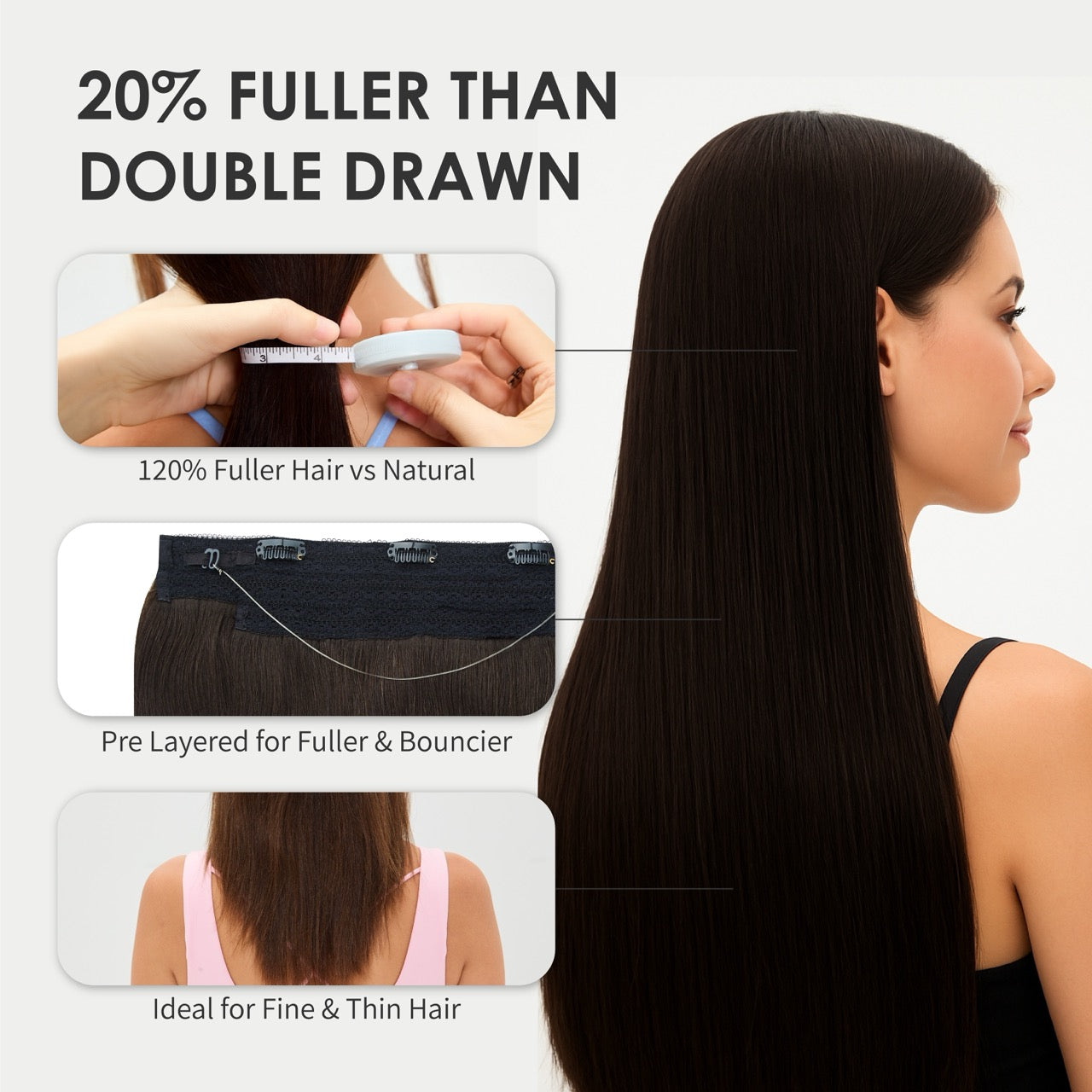 Halo Hair Extensions Real Human Hair Remy Invisible Wire Hair Extensions for Women Black Seamless Natural Look Thick 100g Premium Luxury Extensions for Everyday & Special Occasions